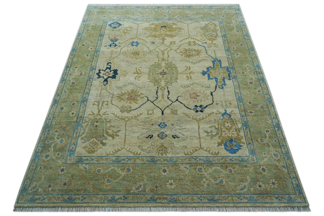 Custom Made Hand Knotted Beige and Blue Traditional Turkish Wool Rug - The Rug Decor