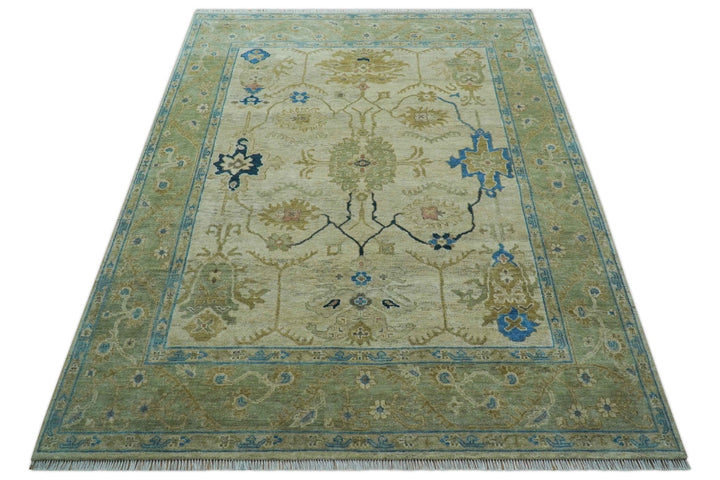 Custom Made Hand Knotted Beige and Blue Traditional Turkish Wool Rug - The Rug Decor