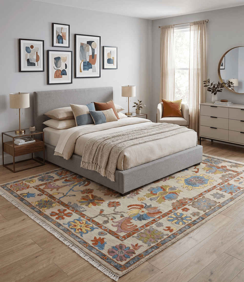 Custom Made Hand Knotted Beige with multicolor Traditional Oushak Wool area Rug - The Rug Decor