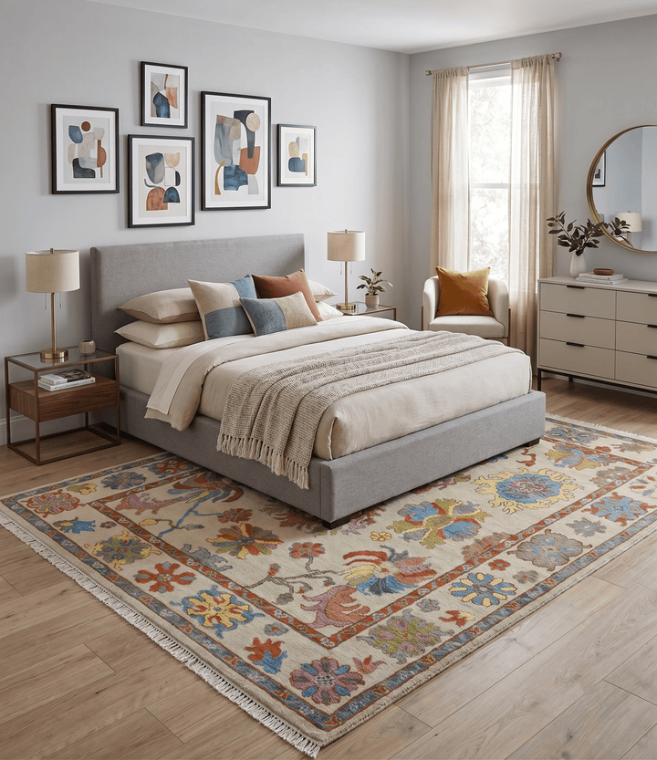 Custom Made Hand Knotted Beige with multicolor Traditional Oushak Wool area Rug - The Rug Decor