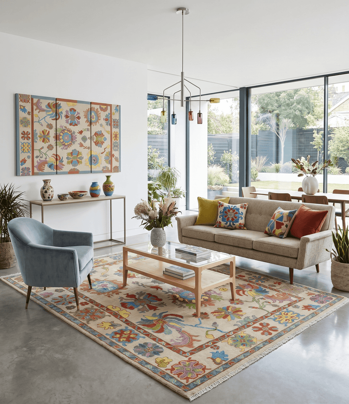 Custom Made Hand Knotted Beige with multicolor Traditional Oushak Wool area Rug - The Rug Decor