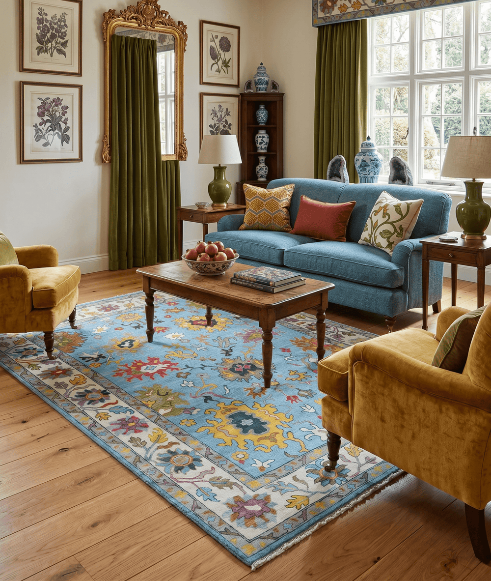 Custom Made Hand Knotted Blue and Ivory Traditional Oushak Wool Area Rug - The Rug Decor