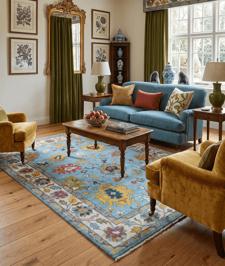Custom Made Hand Knotted Blue and Ivory Traditional Oushak Wool Area Rug - The Rug Decor