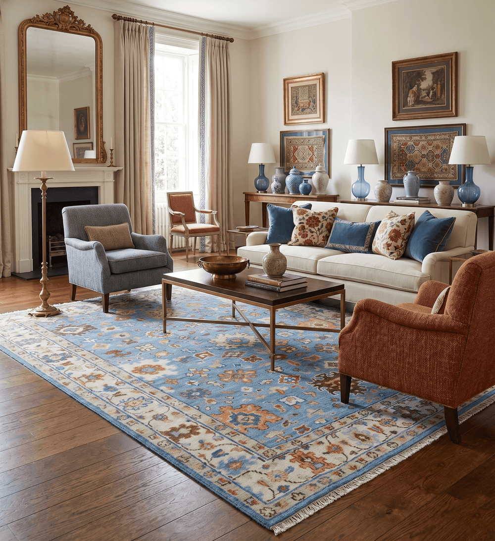 Custom Made Hand Knotted Blue and Ivory Traditional Turkish Oushak Design Wool Rug - The Rug Decor