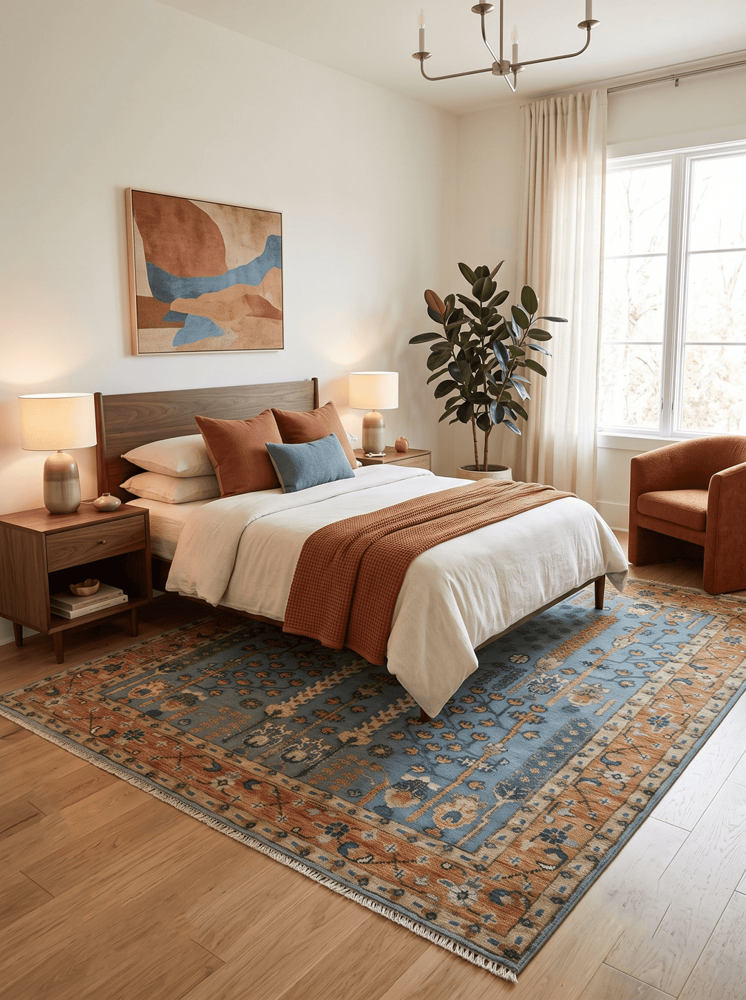 Custom Made Hand Knotted Blue and Rust Tree Design Low pile Wool Area Rug - The Rug Decor