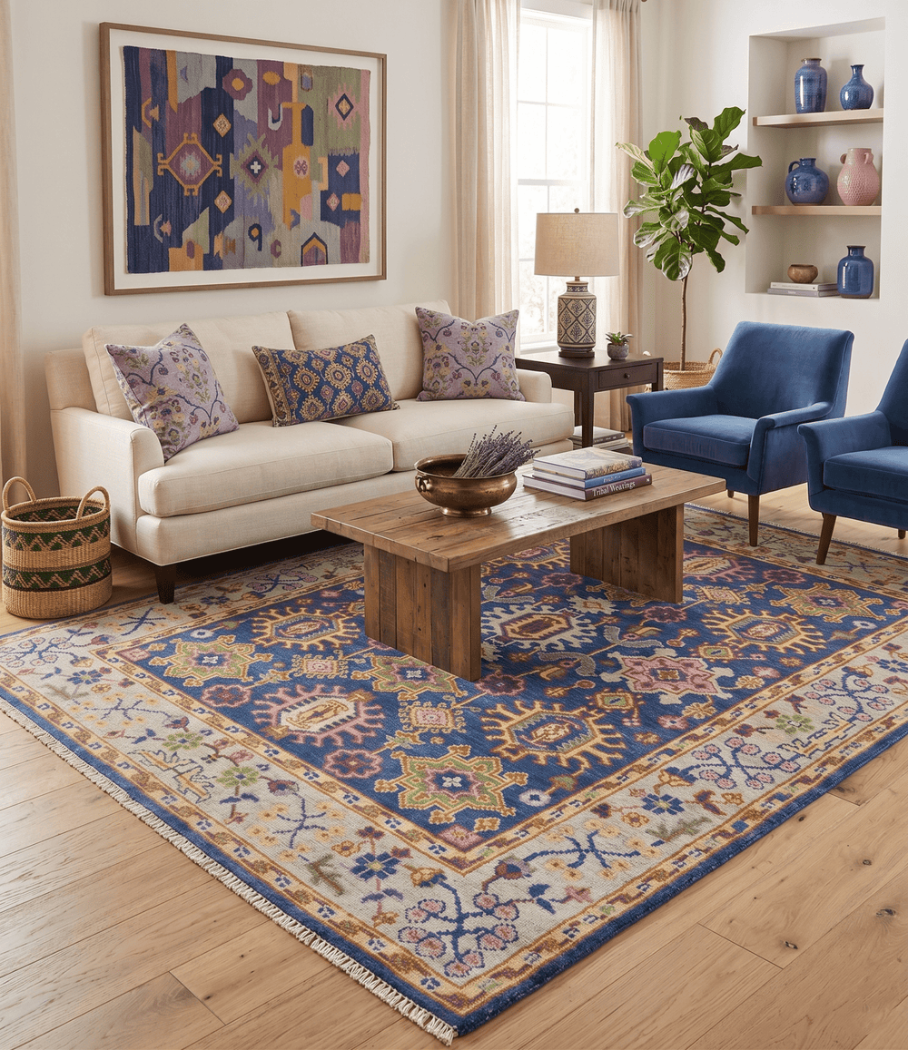 Custom Made Hand Knotted Blue, Gold and Beige Oriental Oushak wool Area Rug - The Rug Decor