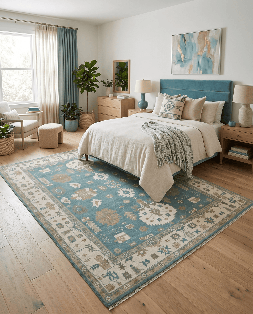 Custom Made Hand Knotted Blue, Ivory and Beige Traditional Oushak Wool Rug - The Rug Decor