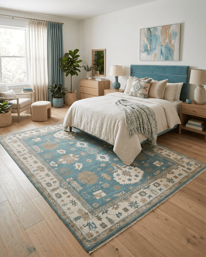Custom Made Hand Knotted Blue, Ivory and Beige Traditional Oushak Wool Rug - The Rug Decor
