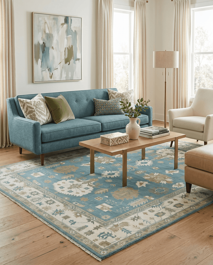 Custom Made Hand Knotted Blue, Ivory and Beige Traditional Oushak Wool Rug - The Rug Decor