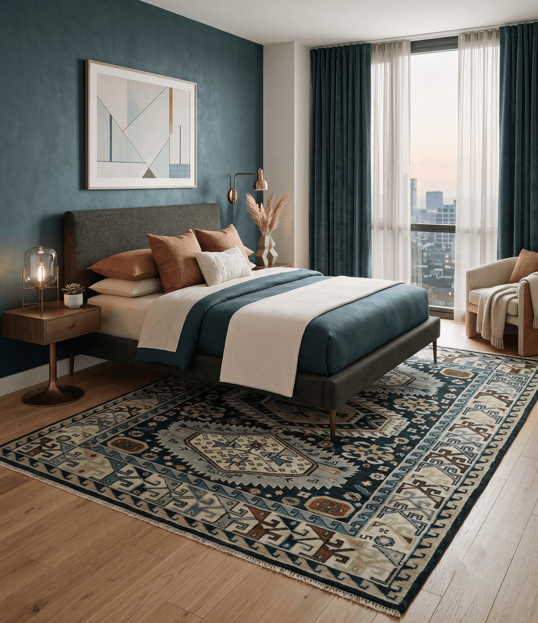 Custom Made Hand Knotted Blue, Ivory and Olive Traditional Oriental wool Area Rug - The Rug Decor