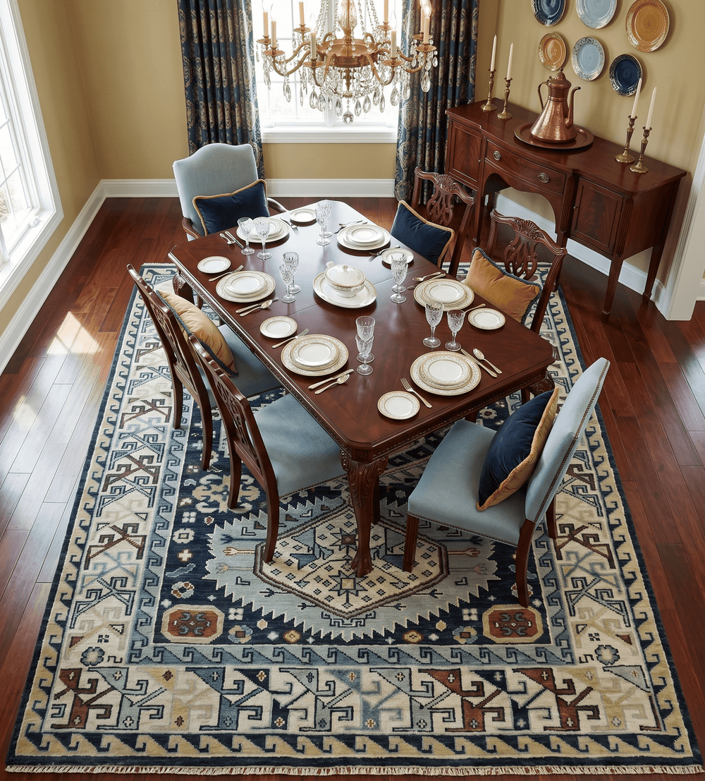 Custom Made Hand Knotted Blue, Ivory and Olive Traditional Oriental wool Area Rug - The Rug Decor