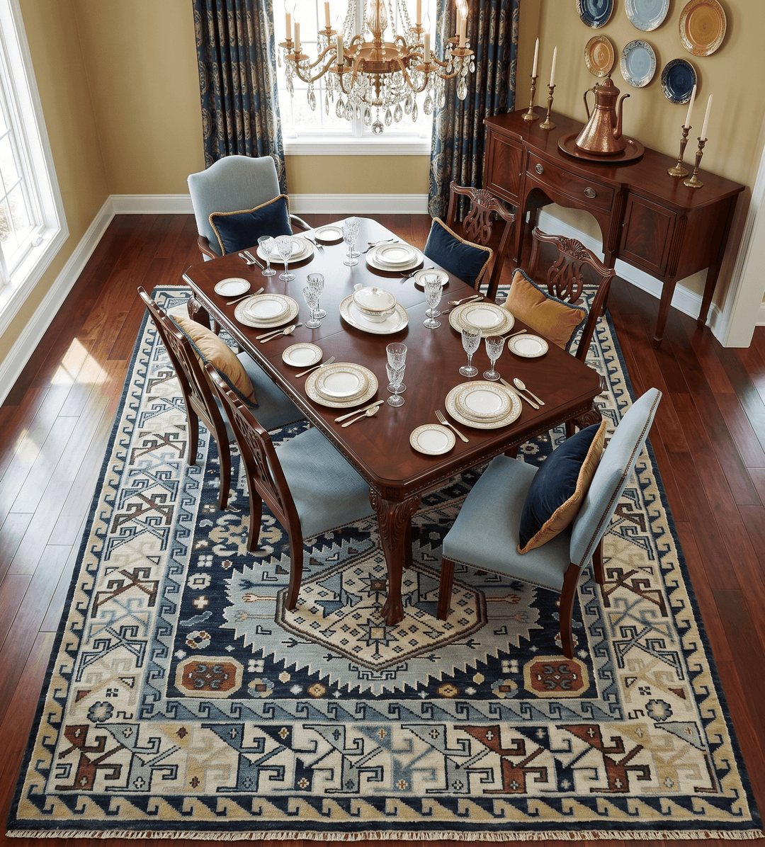 Custom Made Hand Knotted Blue, Ivory and Olive Traditional Oriental wool Area Rug - The Rug Decor