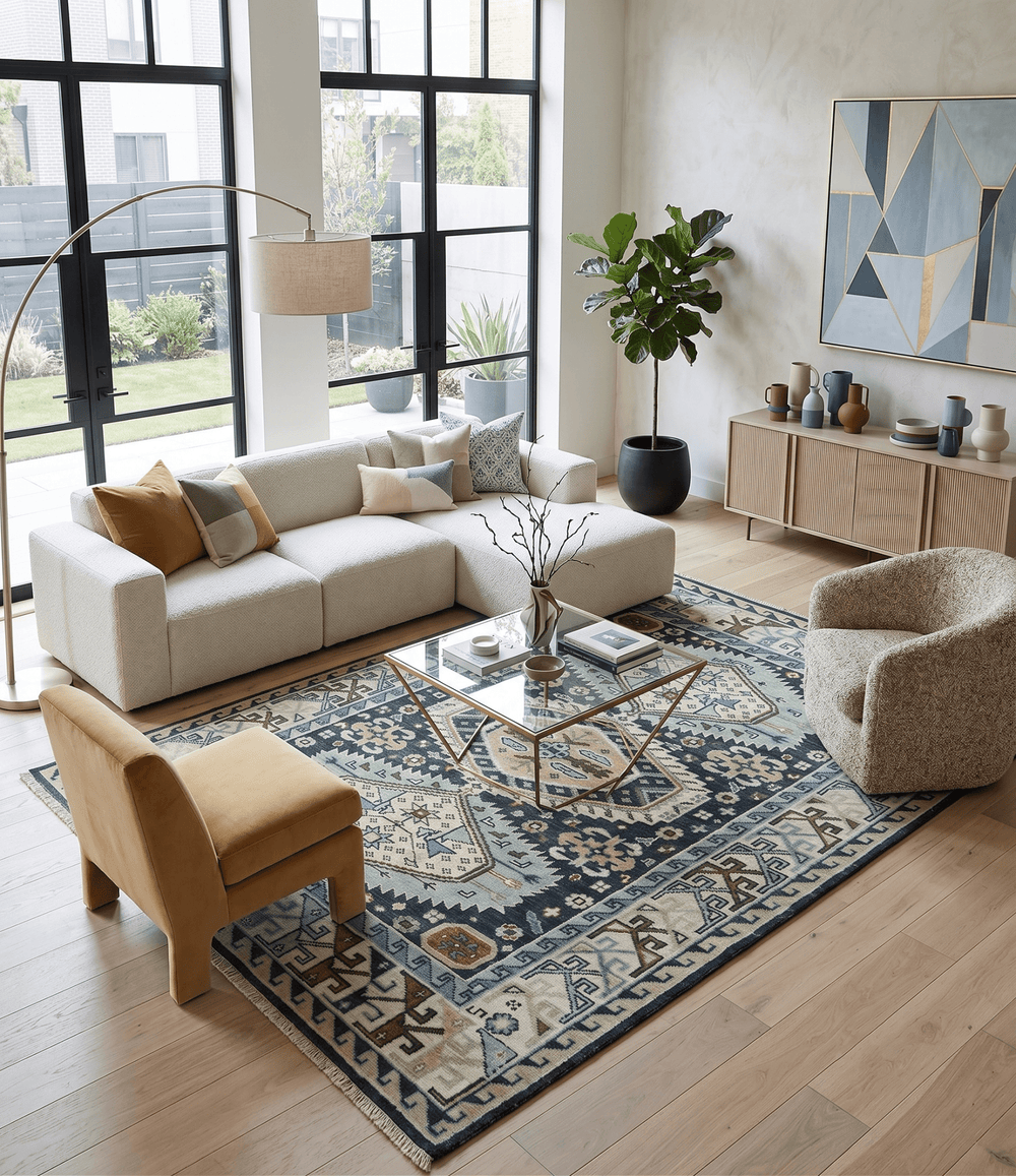 Custom Made Hand Knotted Blue, Ivory and Olive Traditional Oriental wool Area Rug - The Rug Decor