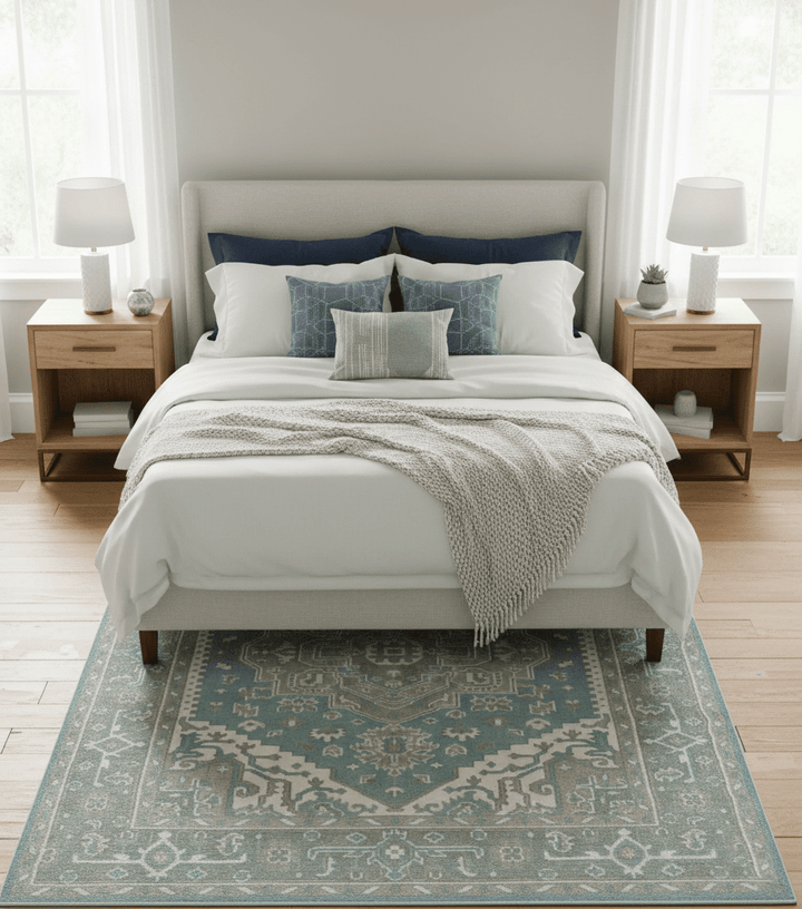 Custom Made Hand Knotted Blue, Ivory, Camel and Gray Traditional Heriz wool rug - The Rug Decor