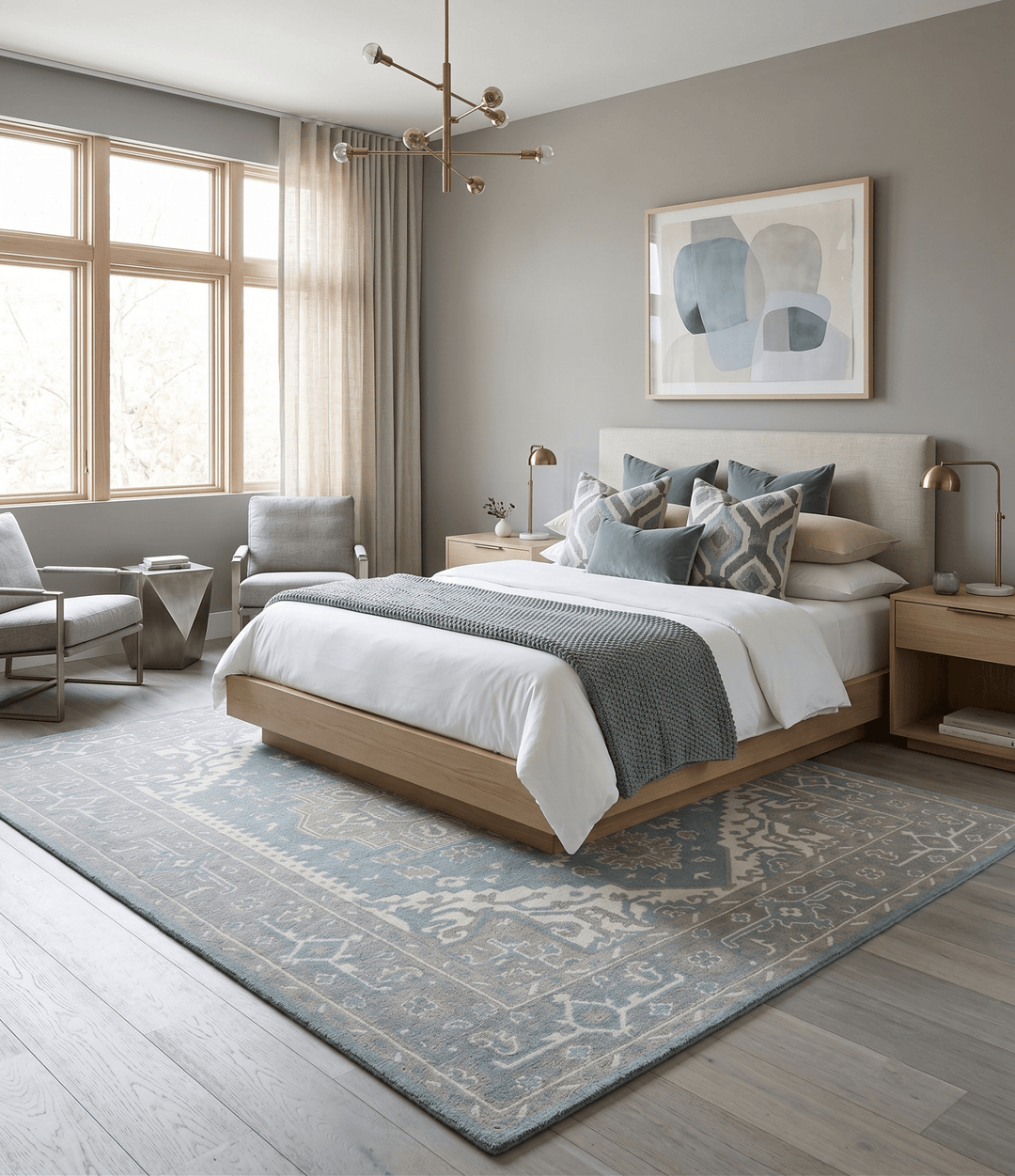 Custom Made Hand Knotted Blue, Ivory, Camel and Gray Traditional Heriz wool rug - The Rug Decor