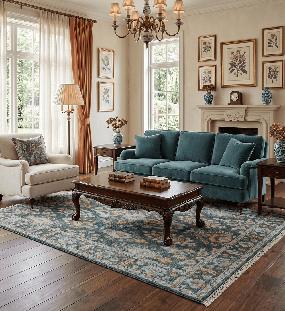 Custom Made Hand Knotted Charcoal and Blue Traditional Oushak Design Wool Rug - The Rug Decor