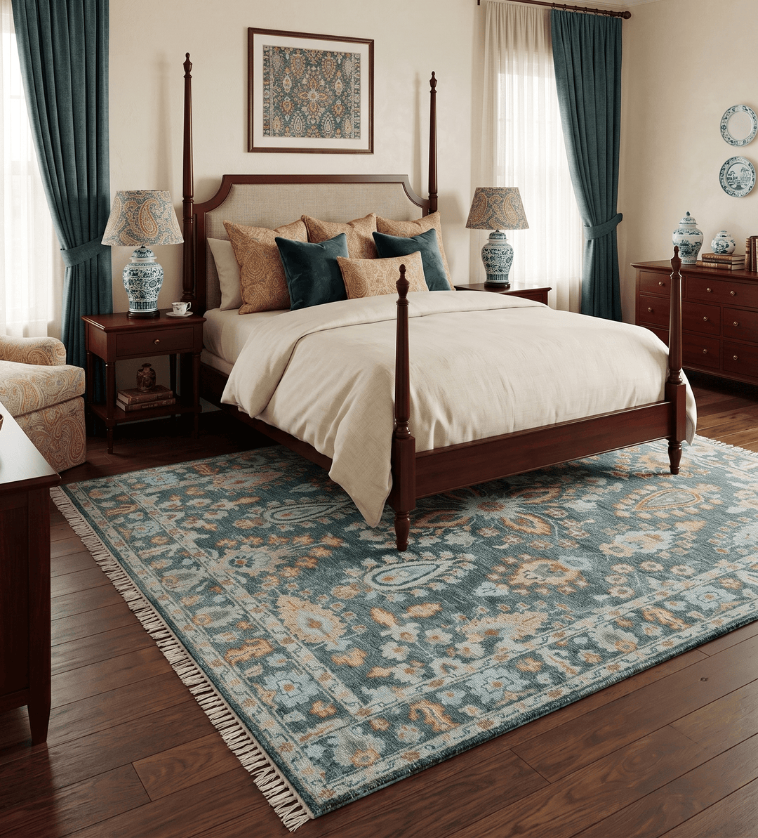 Custom Made Hand Knotted Charcoal and Blue Traditional Oushak Design Wool Rug - The Rug Decor