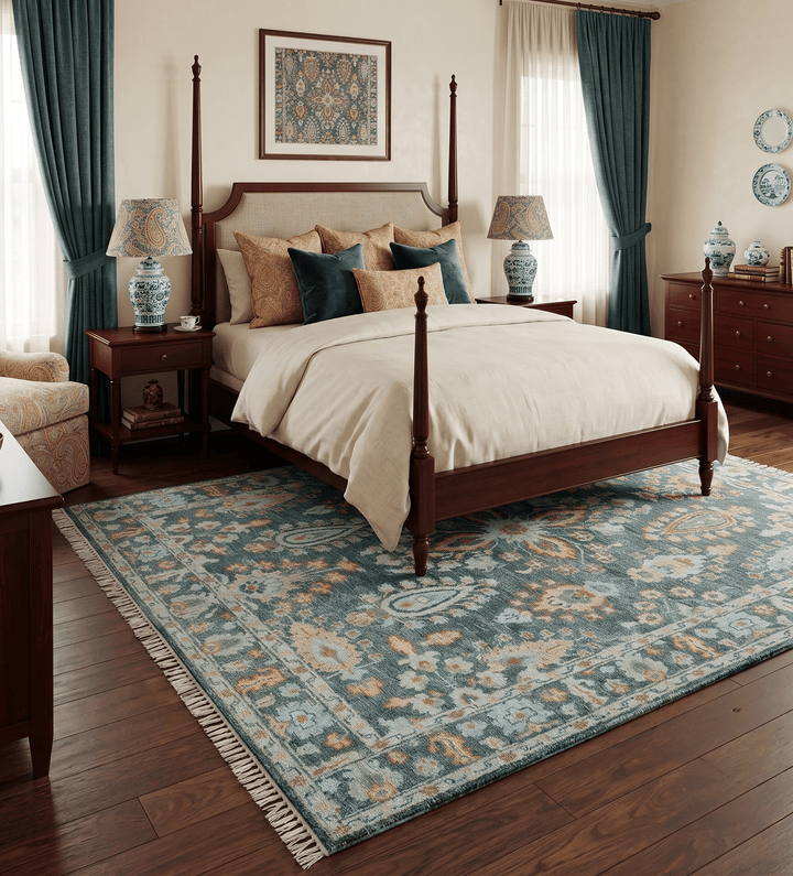 Custom Made Hand Knotted Charcoal and Blue Traditional Oushak Design Wool Rug - The Rug Decor