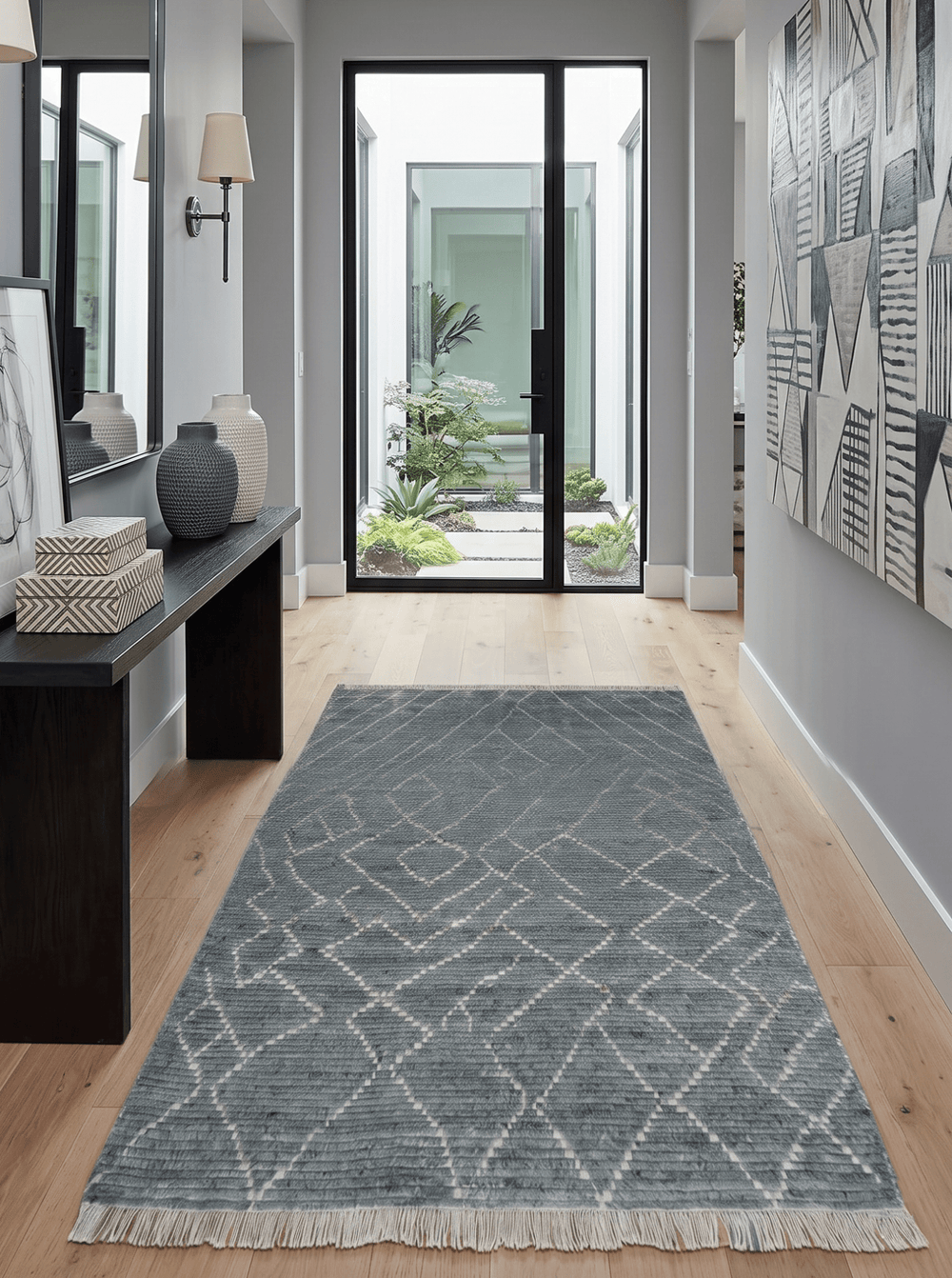 Custom Made Hand Knotted Charcoal and Ivory Moroccan Trellis Rug - The Rug Decor