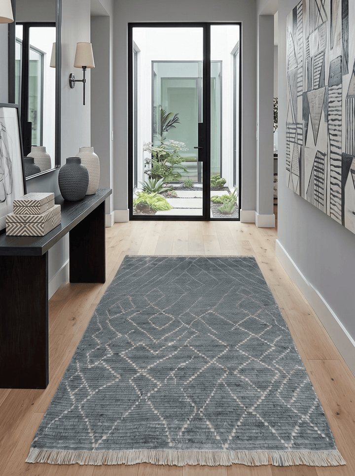 Custom Made Hand Knotted Charcoal and Ivory Moroccan Trellis Rug - The Rug Decor