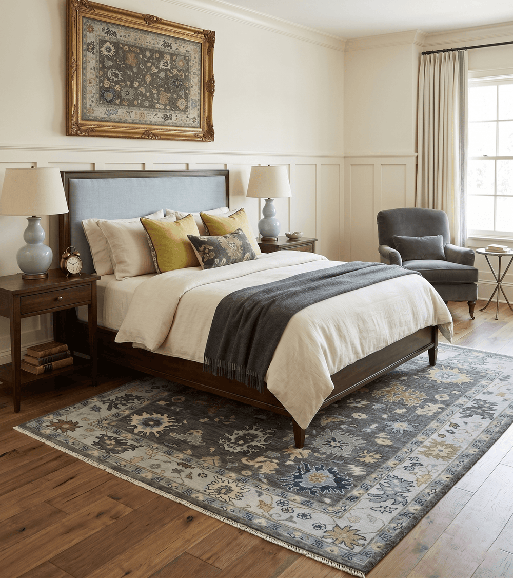 Custom Made Hand Knotted Charcoal and Ivory Traditional Oushak Wool Area Rug - The Rug Decor