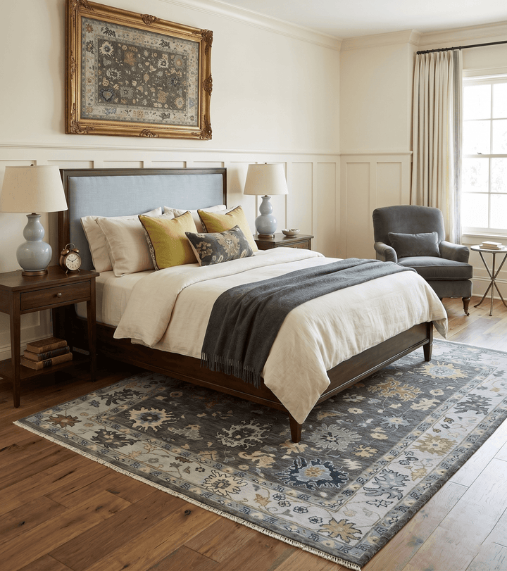 Custom Made Hand Knotted Charcoal and Ivory Traditional Oushak Wool Area Rug - The Rug Decor