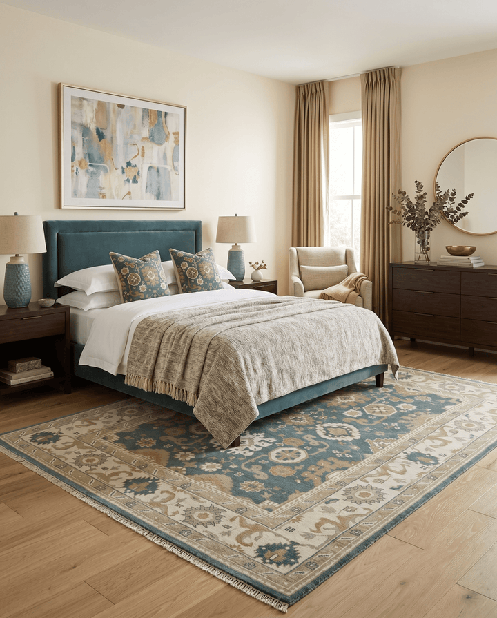 Custom Made Hand Knotted Dark Teal, Ivory and Beige Traditional Multi Size Oushak Wool Rug - The Rug Decor