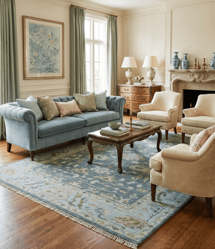 Custom Made Hand Knotted Gray, Blue and Beige Traditional Oushak Wool Area Rug - The Rug Decor
