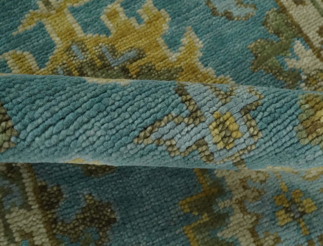Custom Made Hand Knotted Green And Blue Oushak Runner Wool Rug - The Rug Decor
