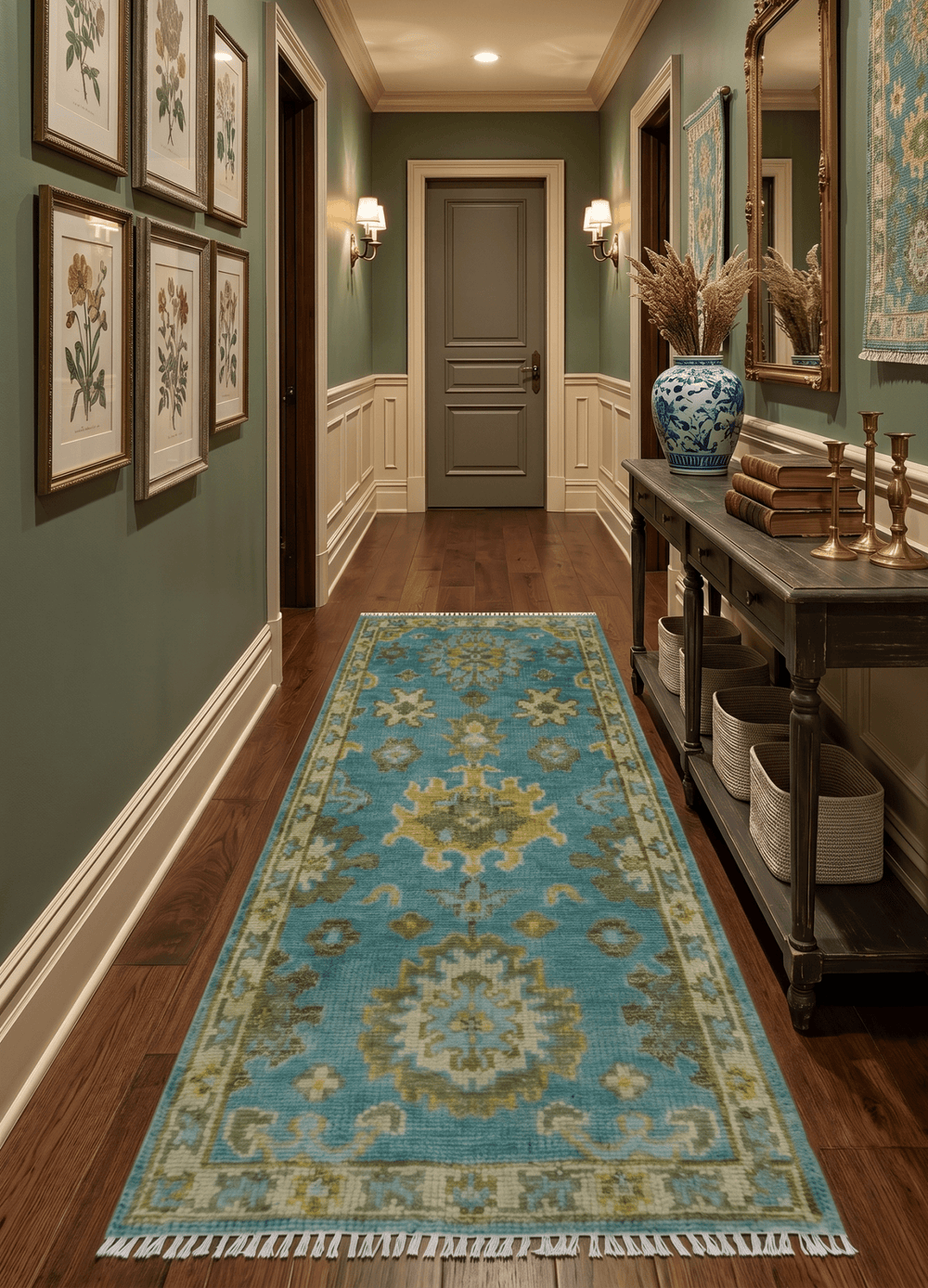 Custom Made Hand Knotted Green And Blue Oushak Runner Wool Rug - The Rug Decor