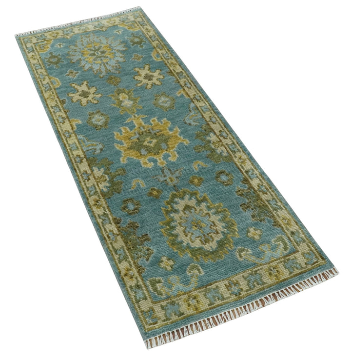 Custom Made Hand Knotted Green And Blue Oushak Runner Wool Rug - The Rug Decor