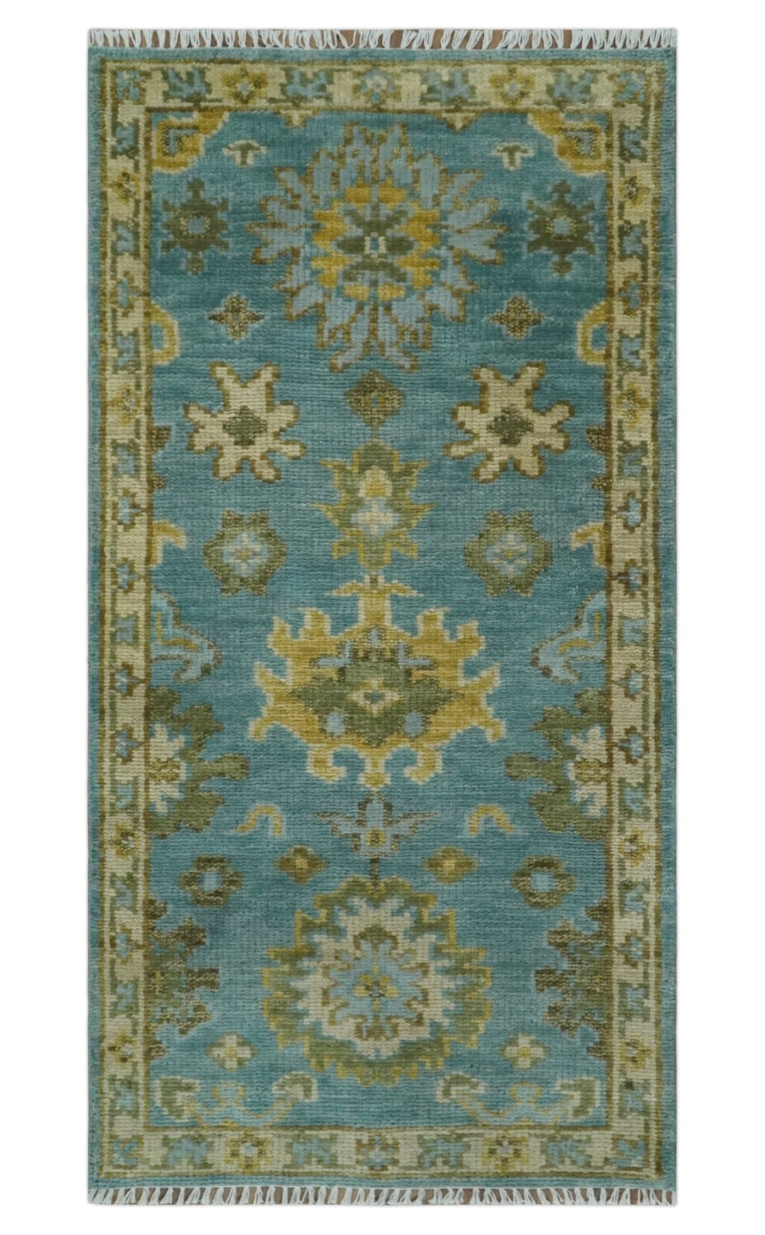 Custom Made Hand Knotted Green And Blue Oushak Runner Wool Rug - The Rug Decor
