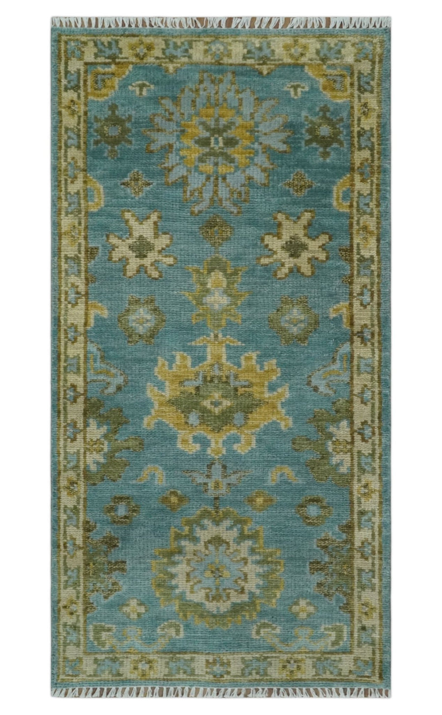 Custom Made Hand Knotted Green And Blue Oushak Runner Wool Rug - The Rug Decor