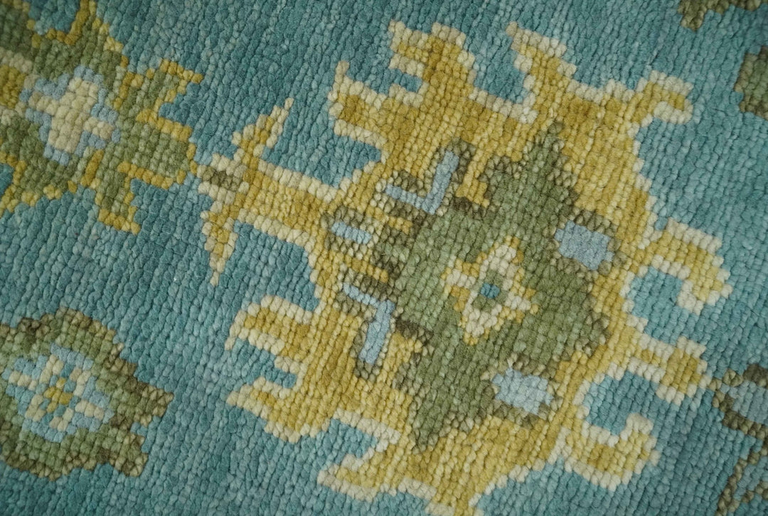 Custom Made Hand Knotted Green And Blue Oushak Runner Wool Rug - The Rug Decor