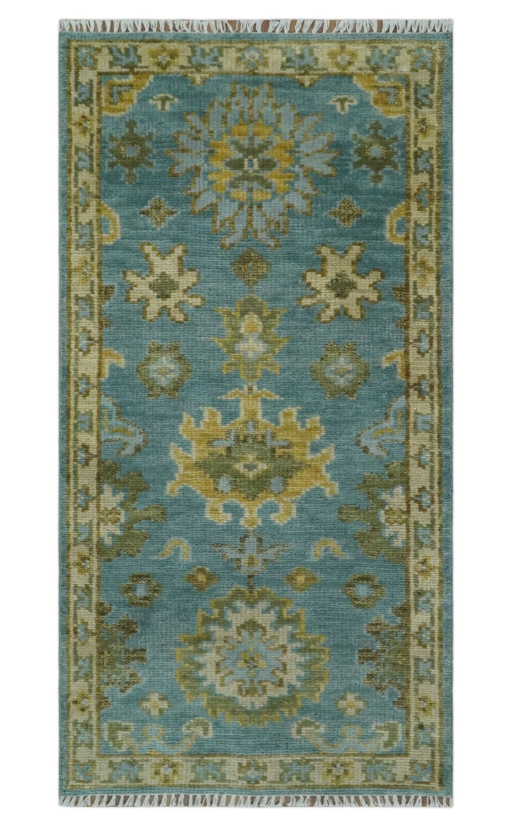 Custom Made Hand Knotted Green And Blue Oushak Runner Wool Rug - The Rug Decor