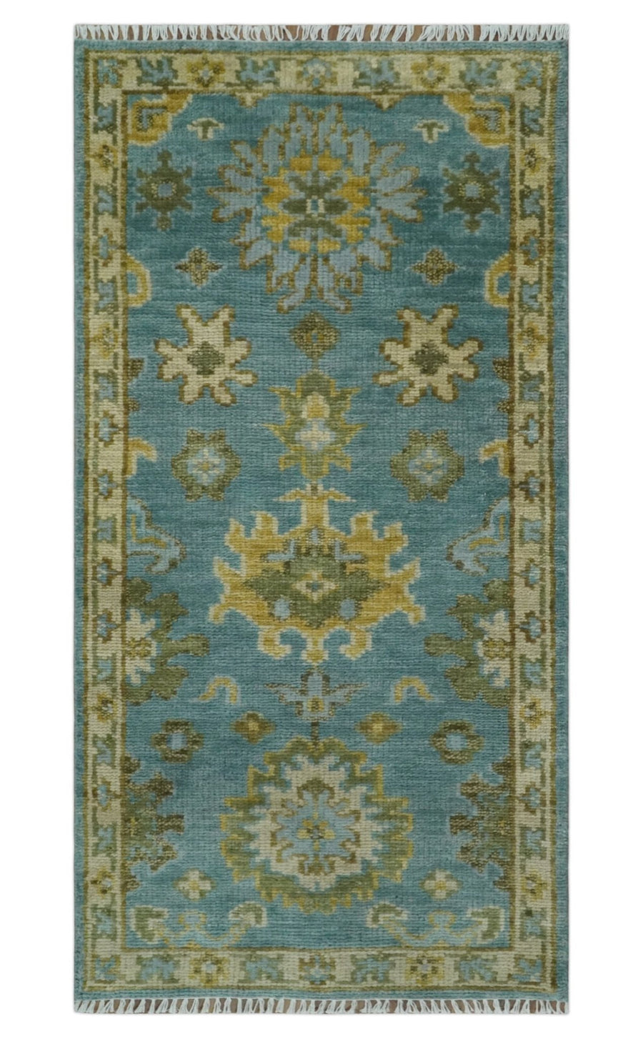 Custom Made Hand Knotted Green And Blue Oushak Runner Wool Rug - The Rug Decor