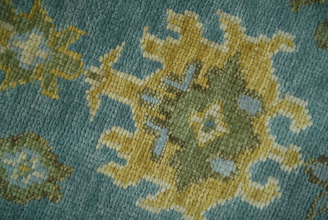 Custom Made Hand Knotted Green And Blue Oushak Runner Wool Rug - The Rug Decor