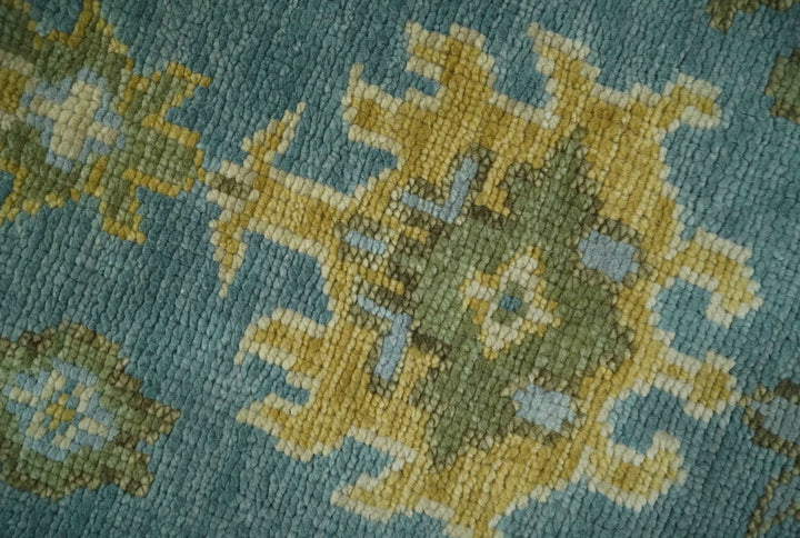 Custom Made Hand Knotted Green And Blue Oushak Runner Wool Rug - The Rug Decor