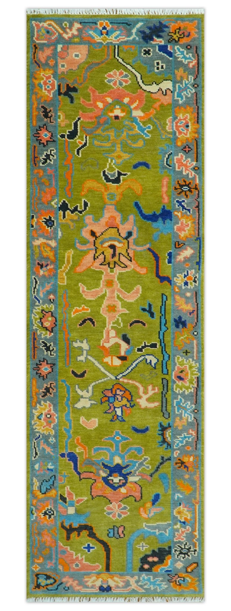 Custom Made Hand Knotted Green And Gray Oushak Runner Rug - The Rug Decor