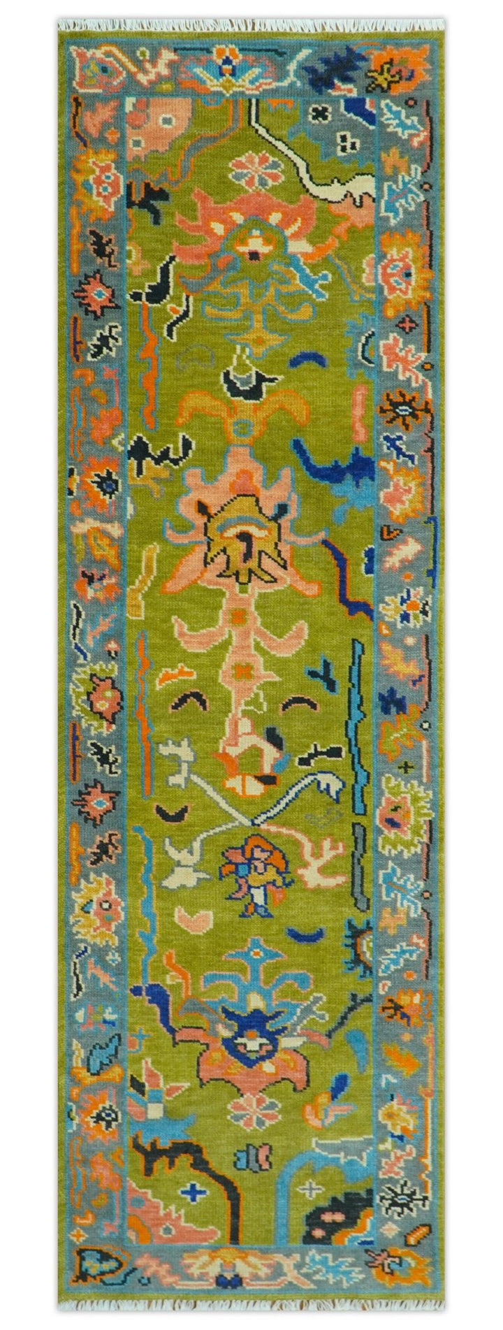 Custom Made Hand Knotted Green And Gray Oushak Runner Rug - The Rug Decor