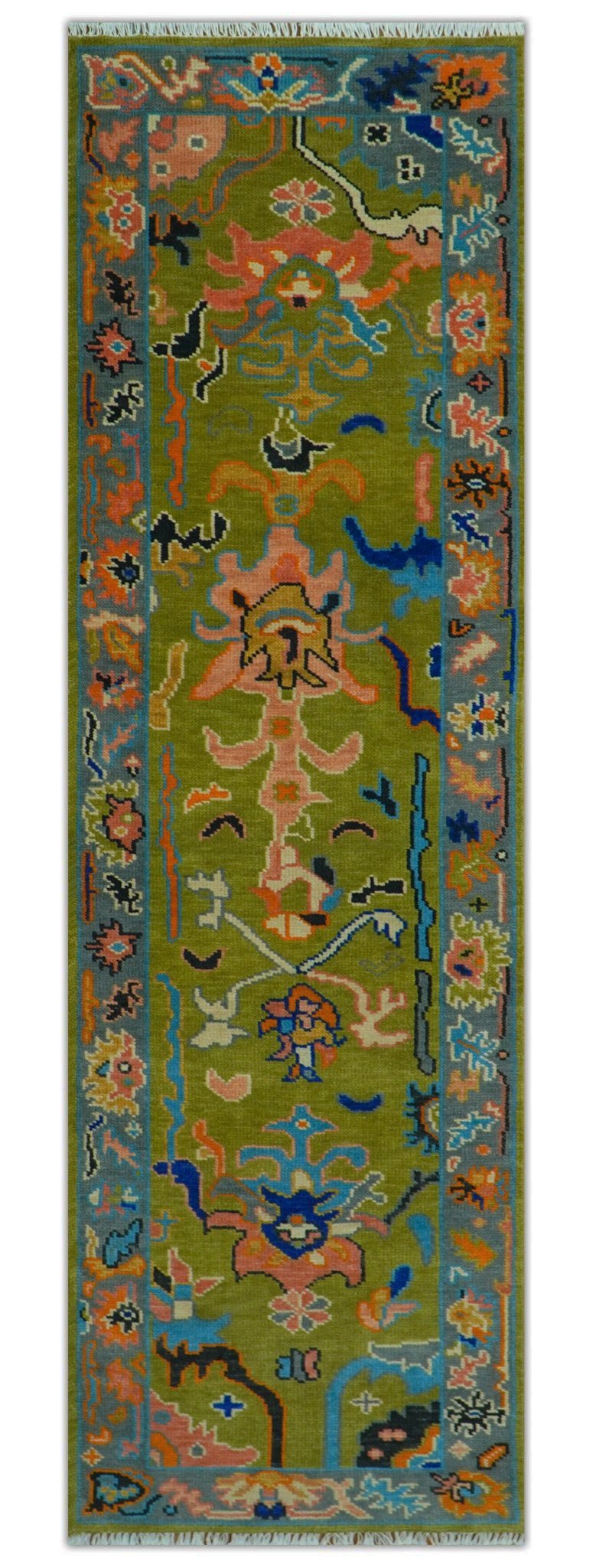 Custom Made Hand Knotted Green And Gray Oushak Runner Rug - The Rug Decor