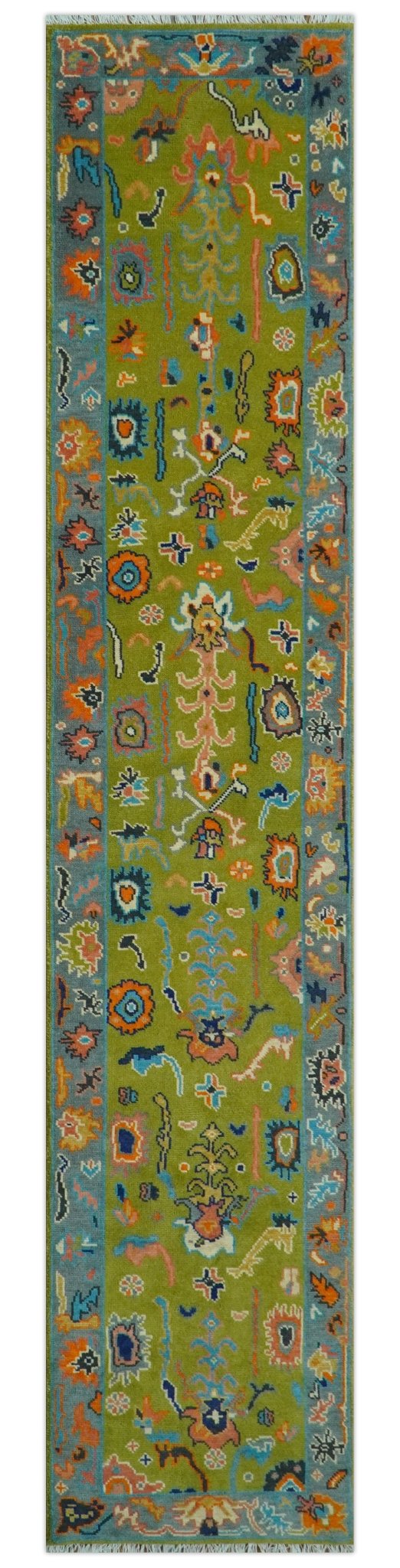 Custom Made Hand Knotted Green And Gray Oushak Runner Rug - The Rug Decor