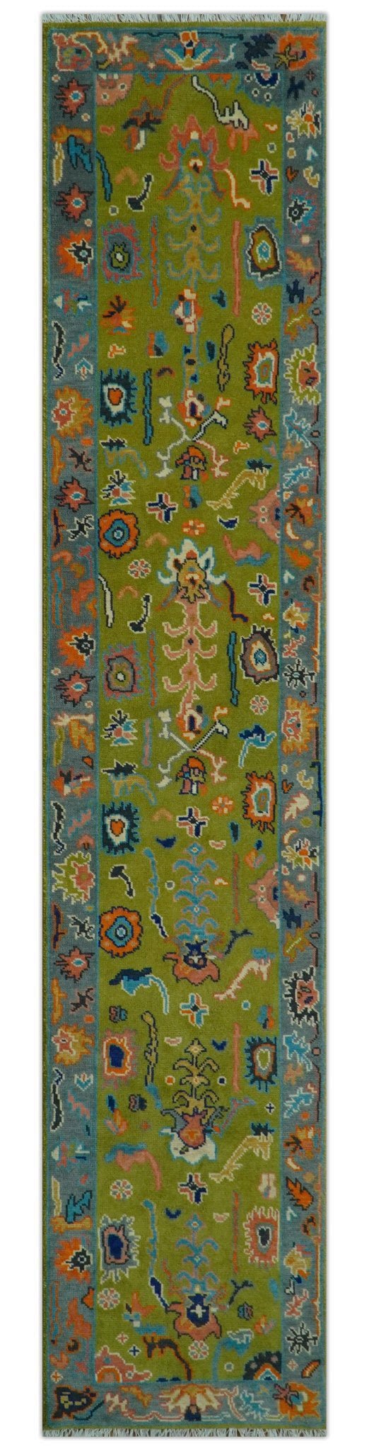 Custom Made Hand Knotted Green And Gray Oushak Runner Rug - The Rug Decor
