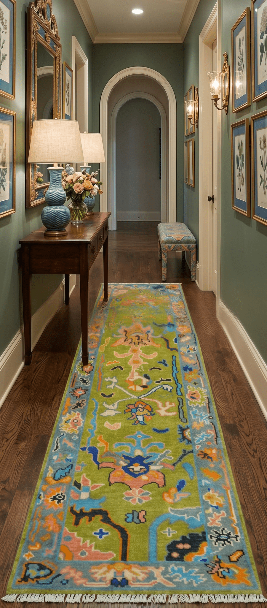 Custom Made Hand Knotted Green And Gray Oushak Runner Rug - The Rug Decor