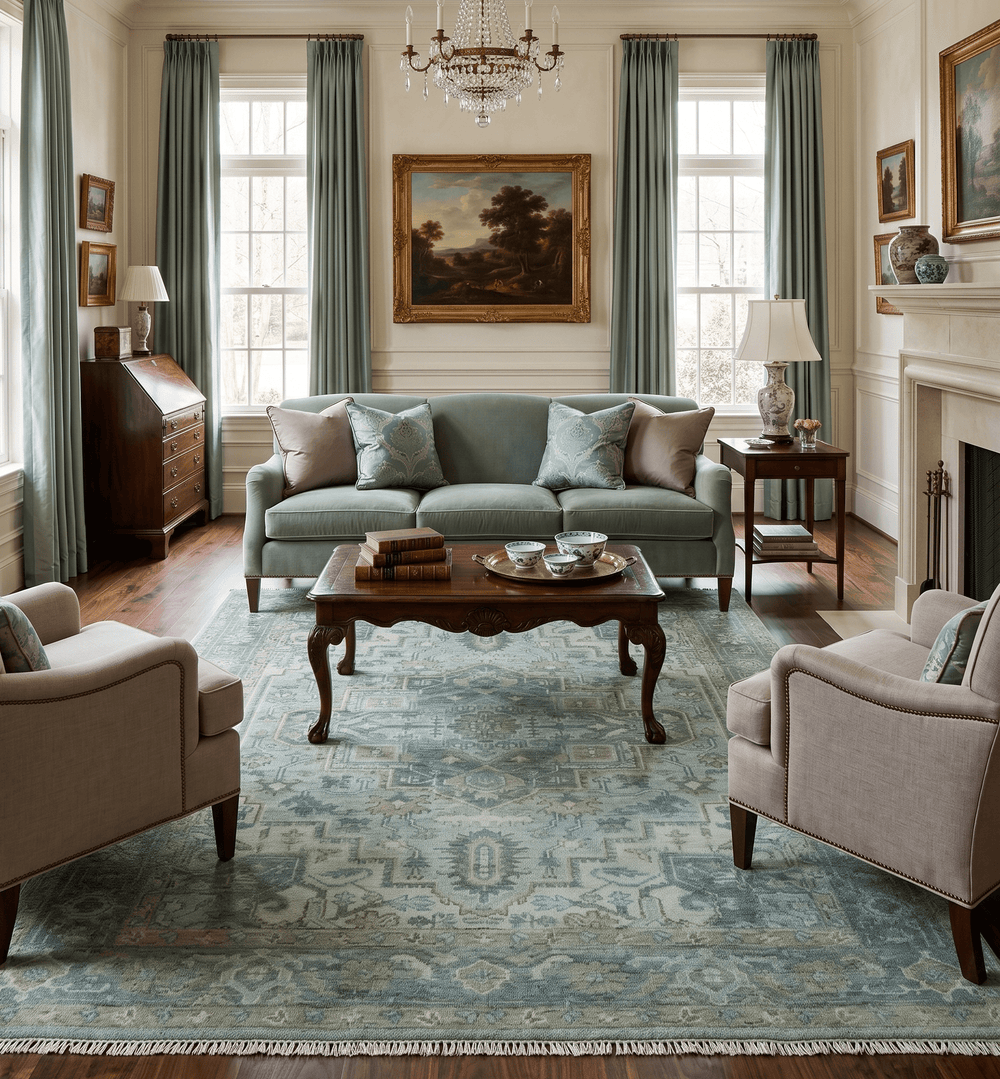 Custom Made Hand Knotted Green and Taupe Traditional wool rug - The Rug Decor