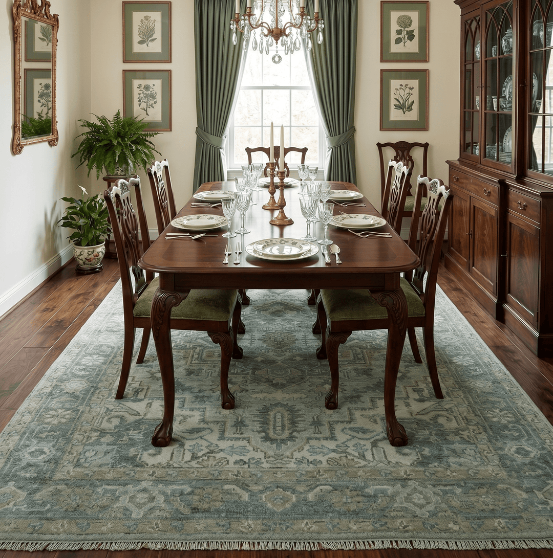 Custom Made Hand Knotted Green and Taupe Traditional wool rug - The Rug Decor