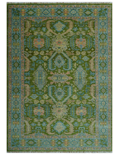 Custom Made Hand Knotted Green, Silver and Peach Traditional Oushak Wool Area Rug - The Rug Decor