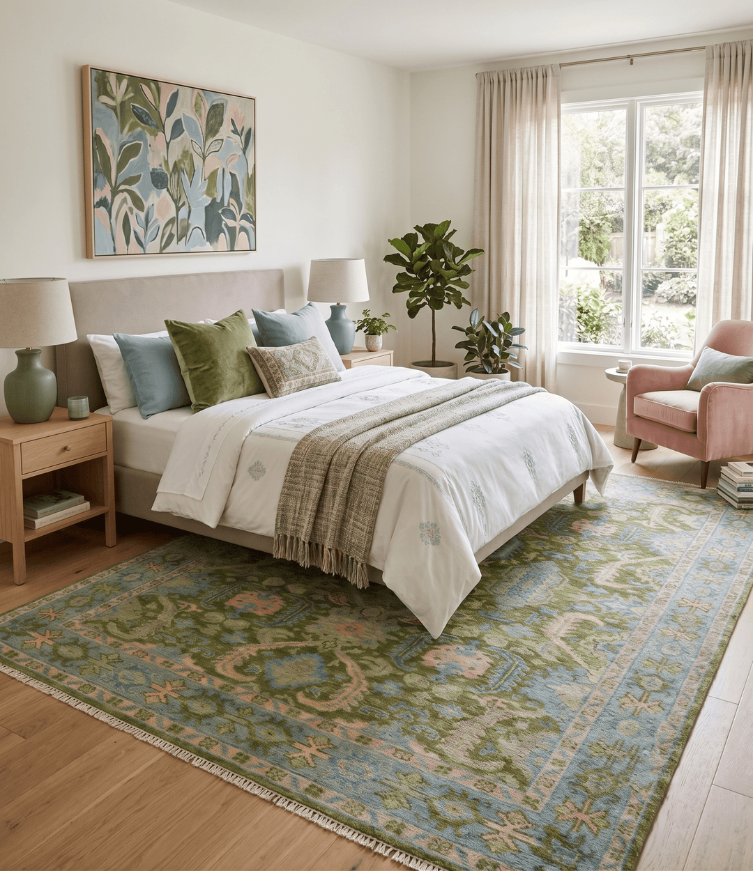 Custom Made Hand Knotted Green, Silver and Peach Traditional Oushak Wool Area Rug - The Rug Decor