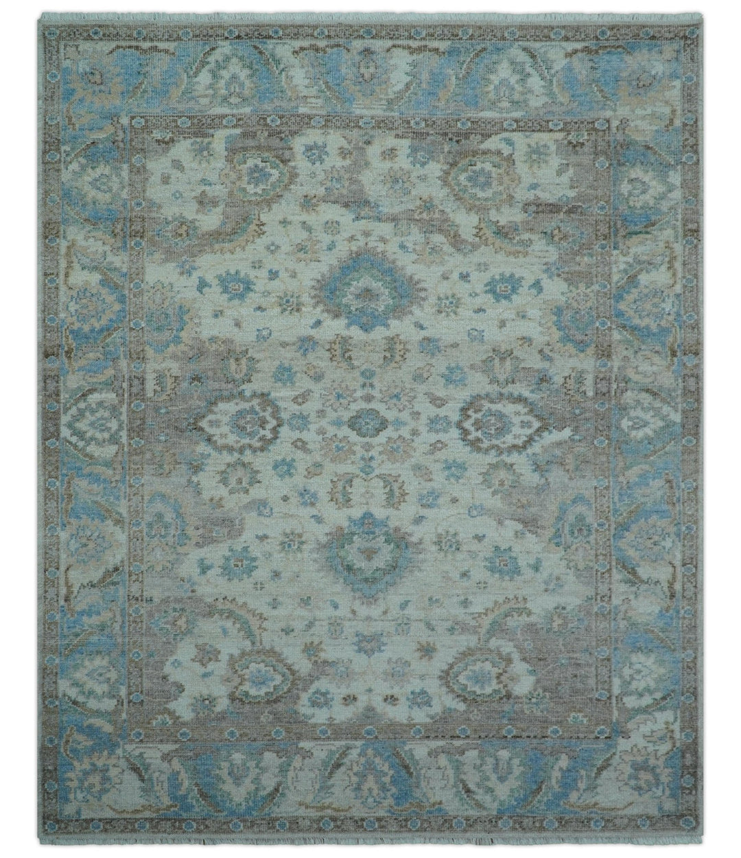 Custom Made Hand Knotted Ivory and Blue Traditional Turkish Afghan Wool Rug - The Rug Decor