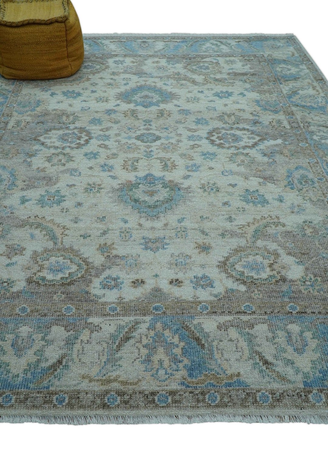 Custom Made Hand Knotted Ivory and Blue Traditional Turkish Afghan Wool Rug - The Rug Decor